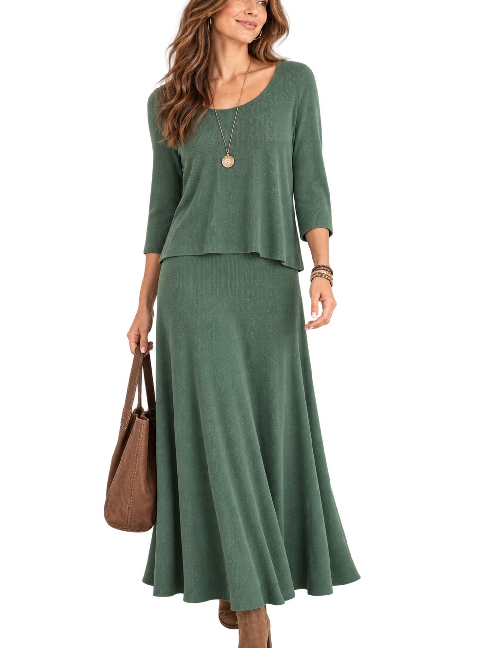 Peruvian Connection Pima Cotton Skirt Set Sz S Green 2 Piece Dress Minimalist